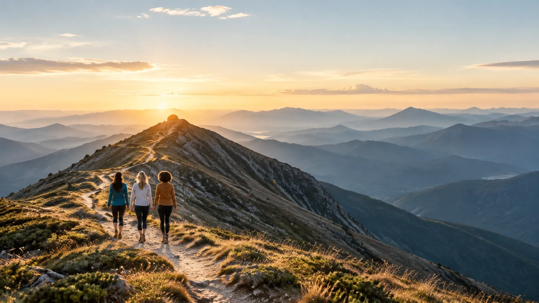 Three women walking together on a mountain trail at sunrise